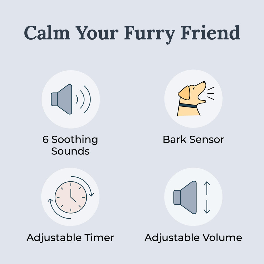 Yogasleep Pawzz integrated-bark-sensor detects barking and auto-plays soothing sounds.