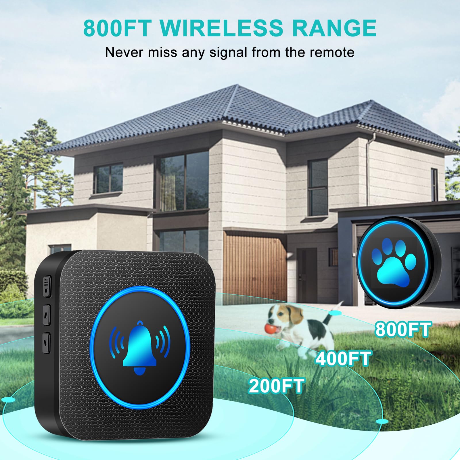 Yoiilifee dog doorbell with 1000ft range for reliable signaling across the property.