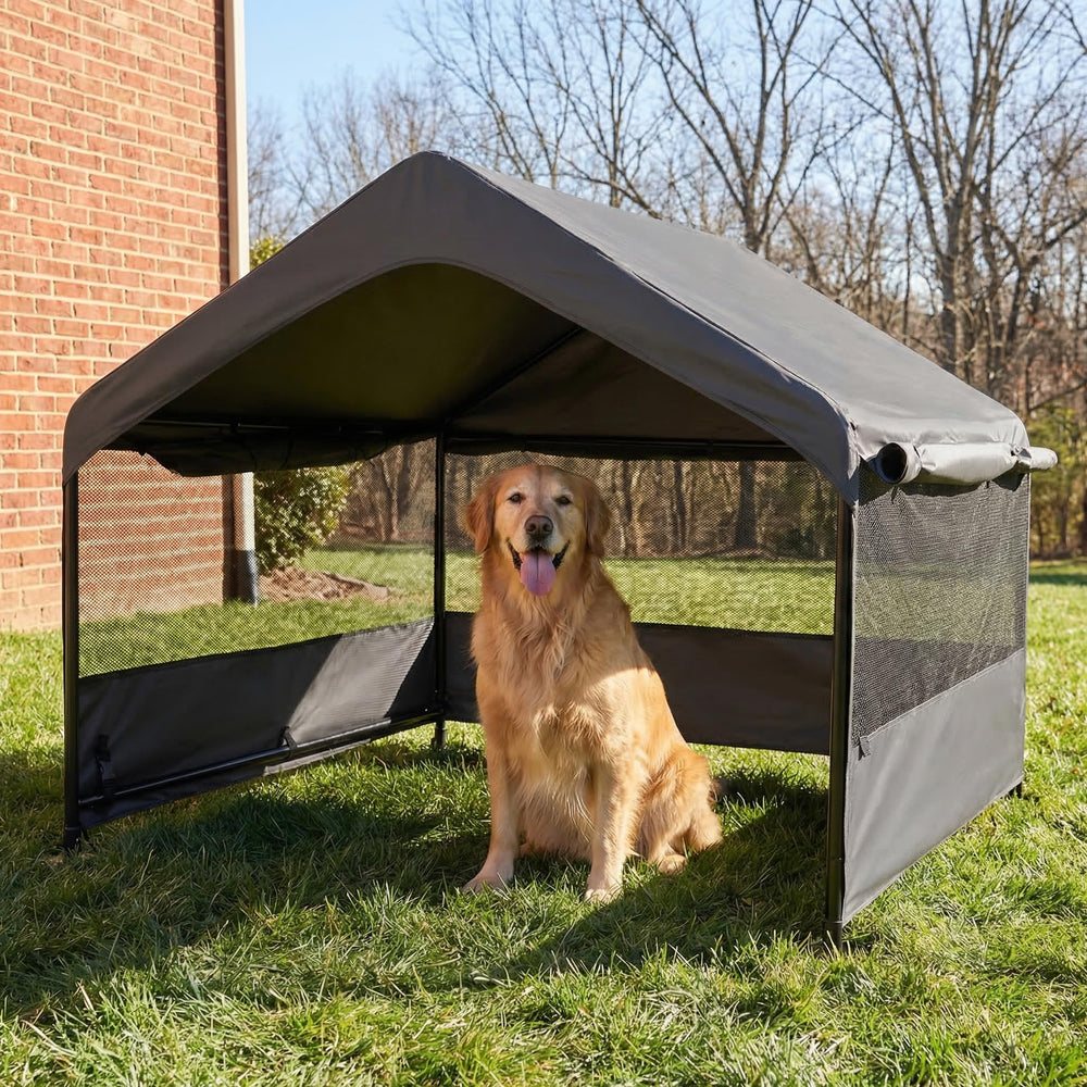 Yokaniwa dog tent house front view shows shade and ventilation for outdoor pets.