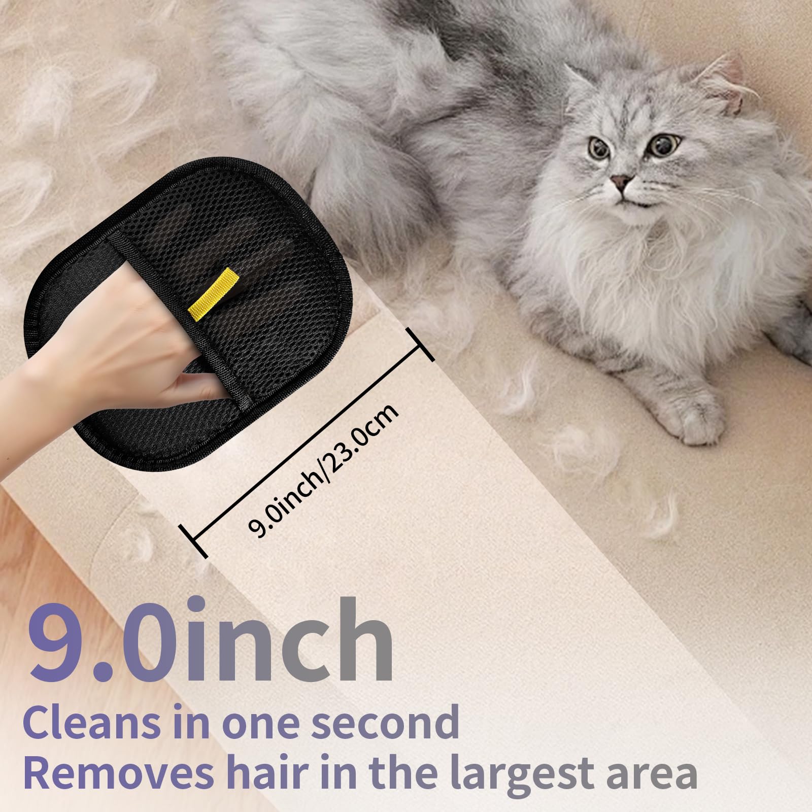 YOMI PET Hair Remover Glove used on a sofa for quick, reusable hair removal.