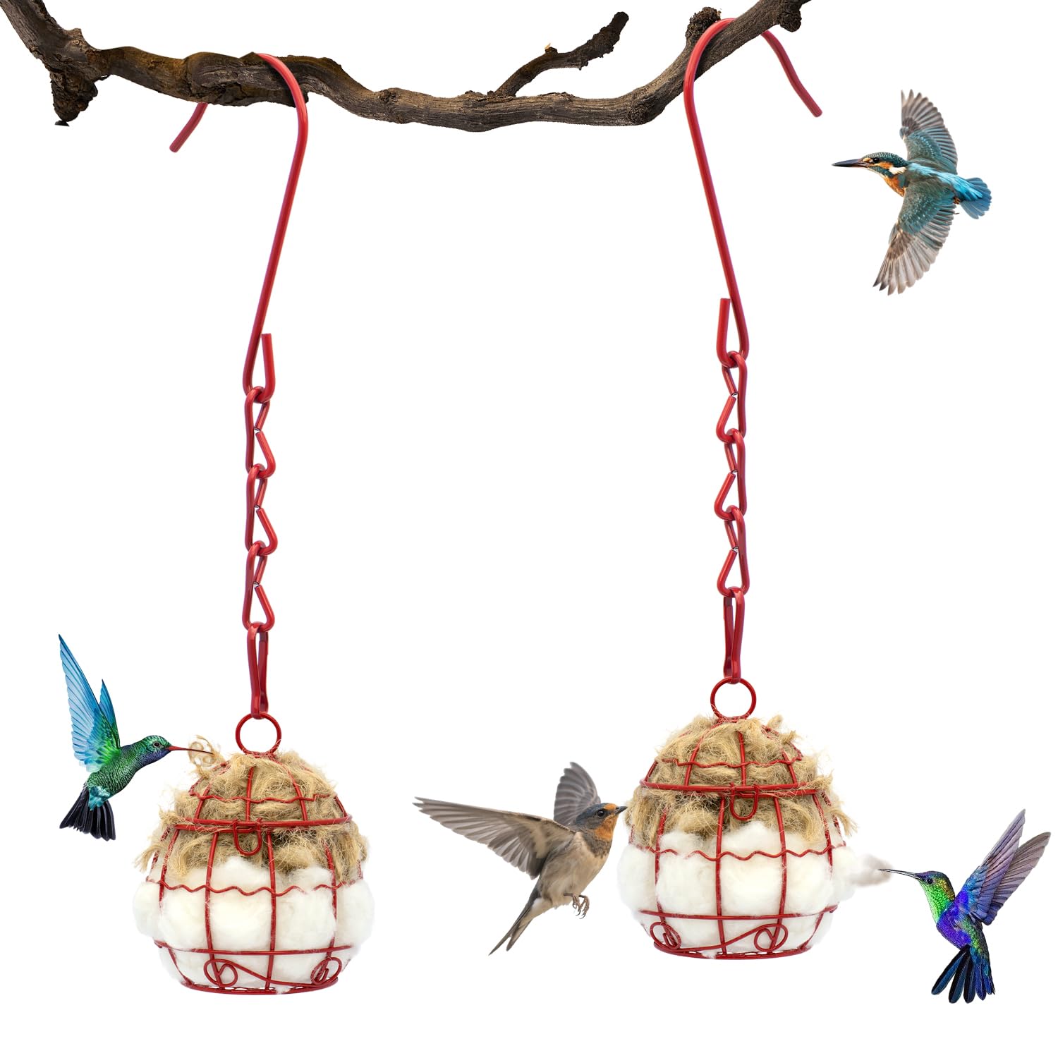 Yomishine bird nesting material in a red cage, soft and inviting for small birds.