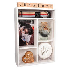 Yongvelin pet memorial shadow box front view with keepsakes ready to display