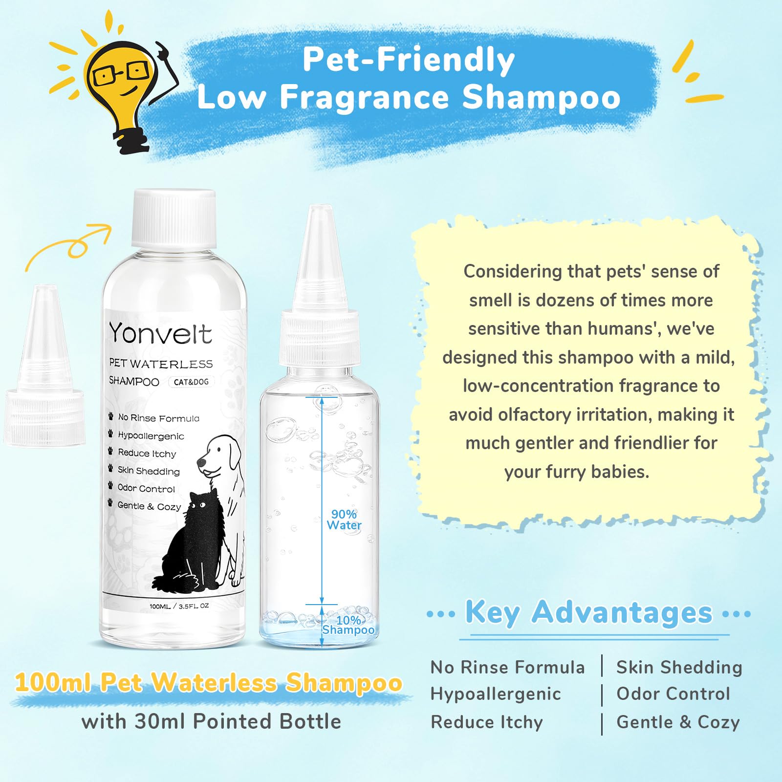 Yonvelt 100ml waterless shampoo bottle for gentle no-rinse cleansing.