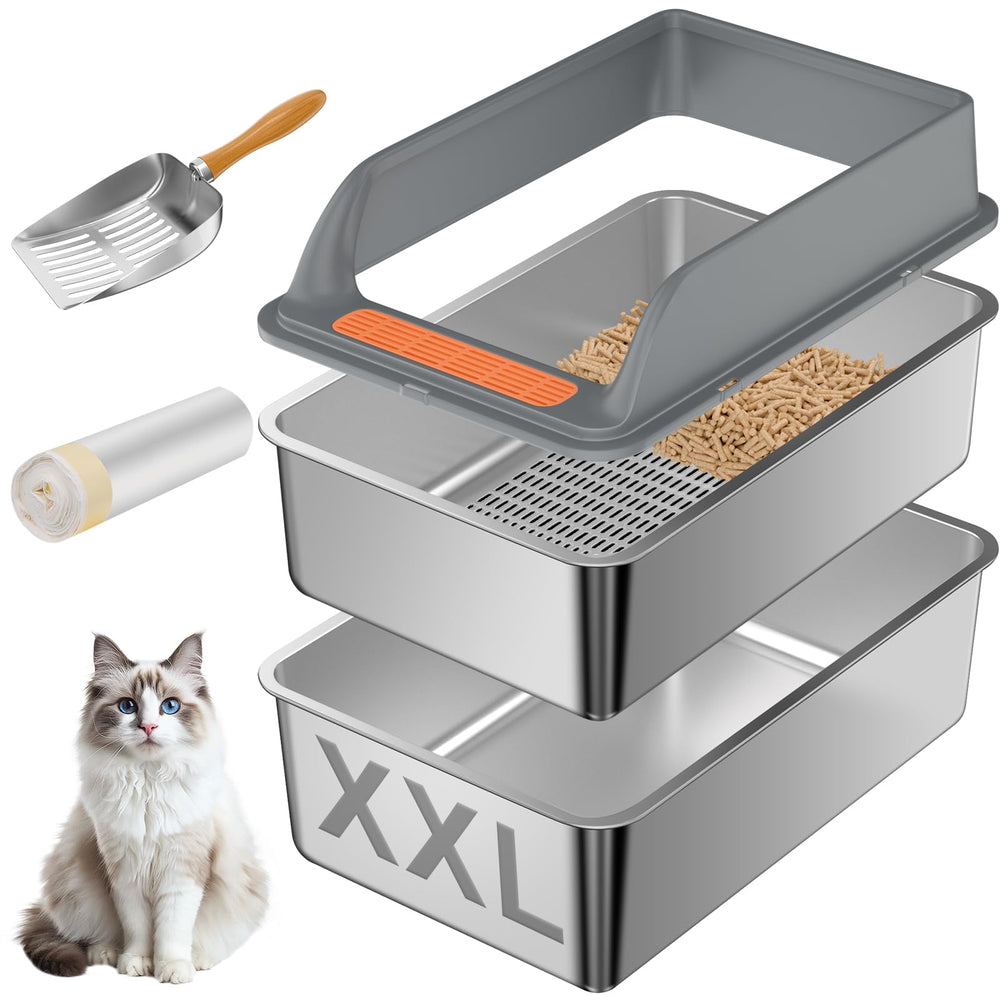 Yoochee stainless steel sifting litter box with lid shown for durable, easy cleaning.