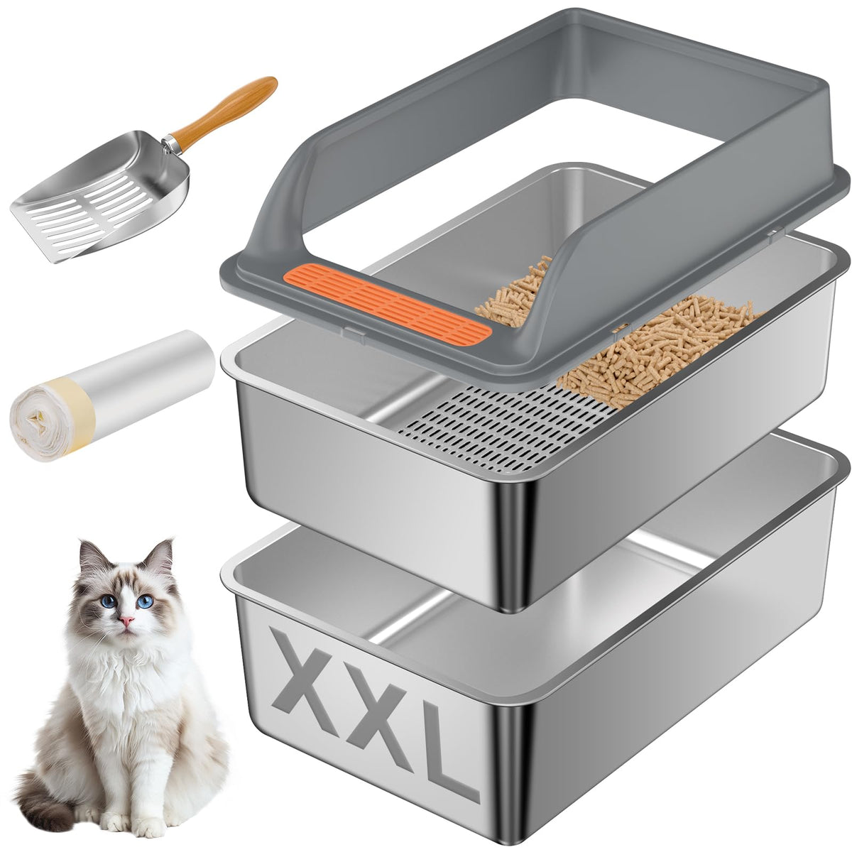 Yoochee stainless steel sifting litter box with lid shown for durable, easy cleaning.