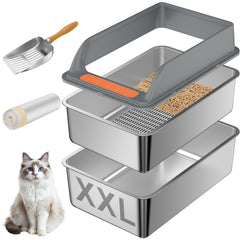 Yoochee stainless steel sifting litter box with lid shown for durable, easy cleaning.