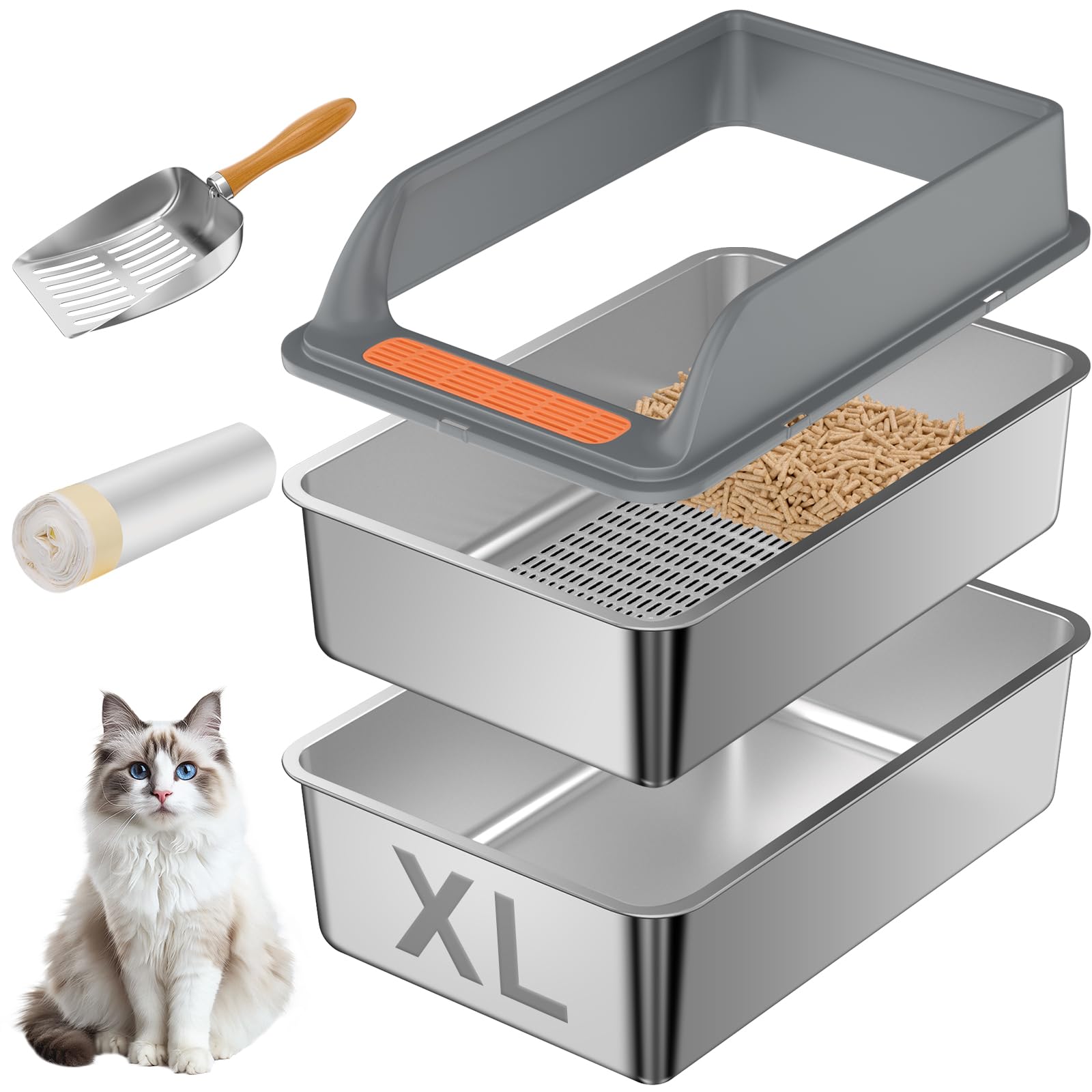Yoochee stainless steel sifting litter box with lid for easy odor control.