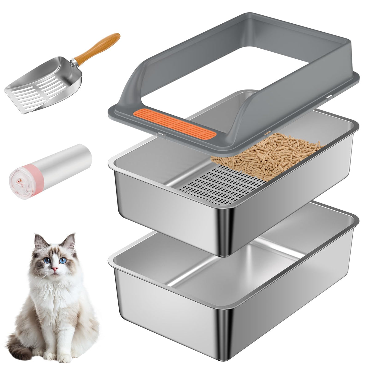 Yoochee stainless steel sifting litter box with lid shown for odor resistance and durability.