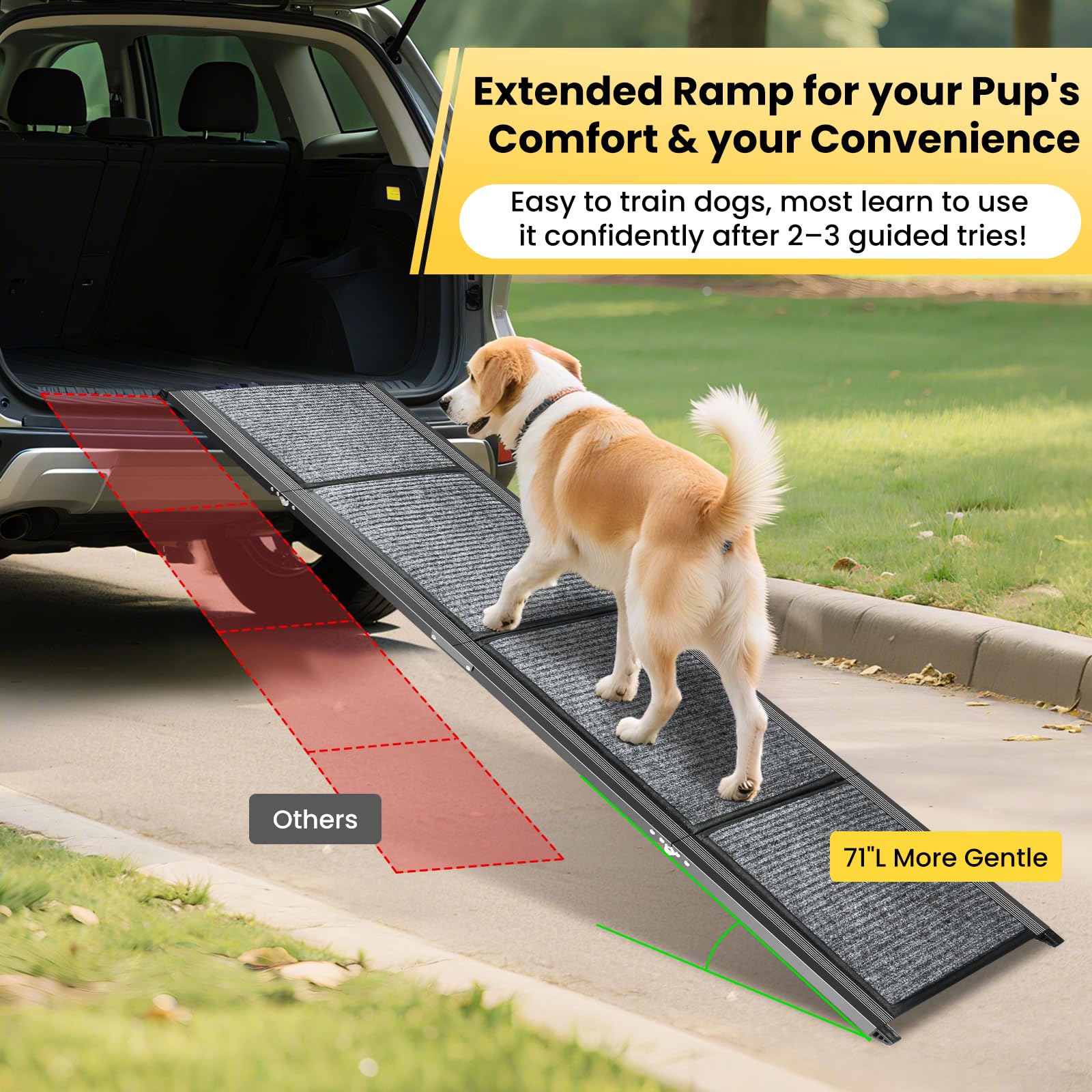 Yookesen dog ramp attaches safely to vehicle for loading.