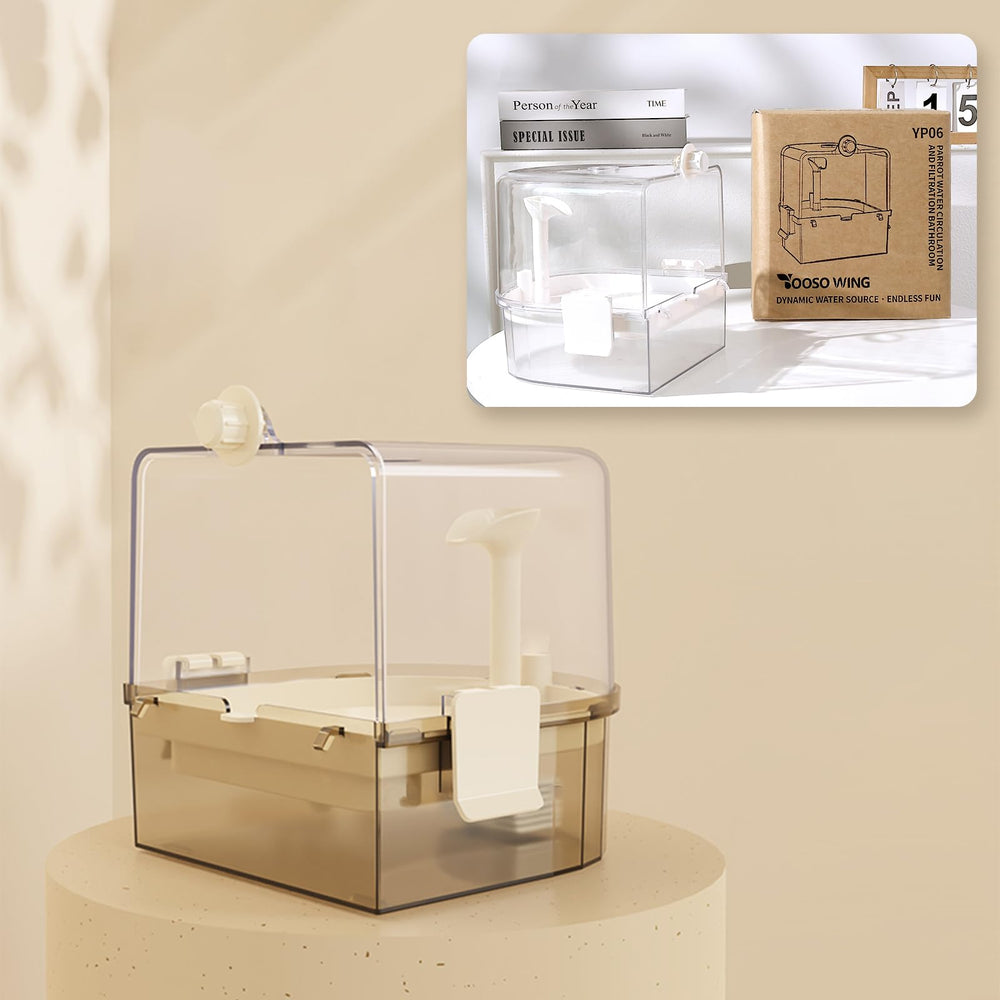 Transparent tank helps monitor water levels while birds splash.