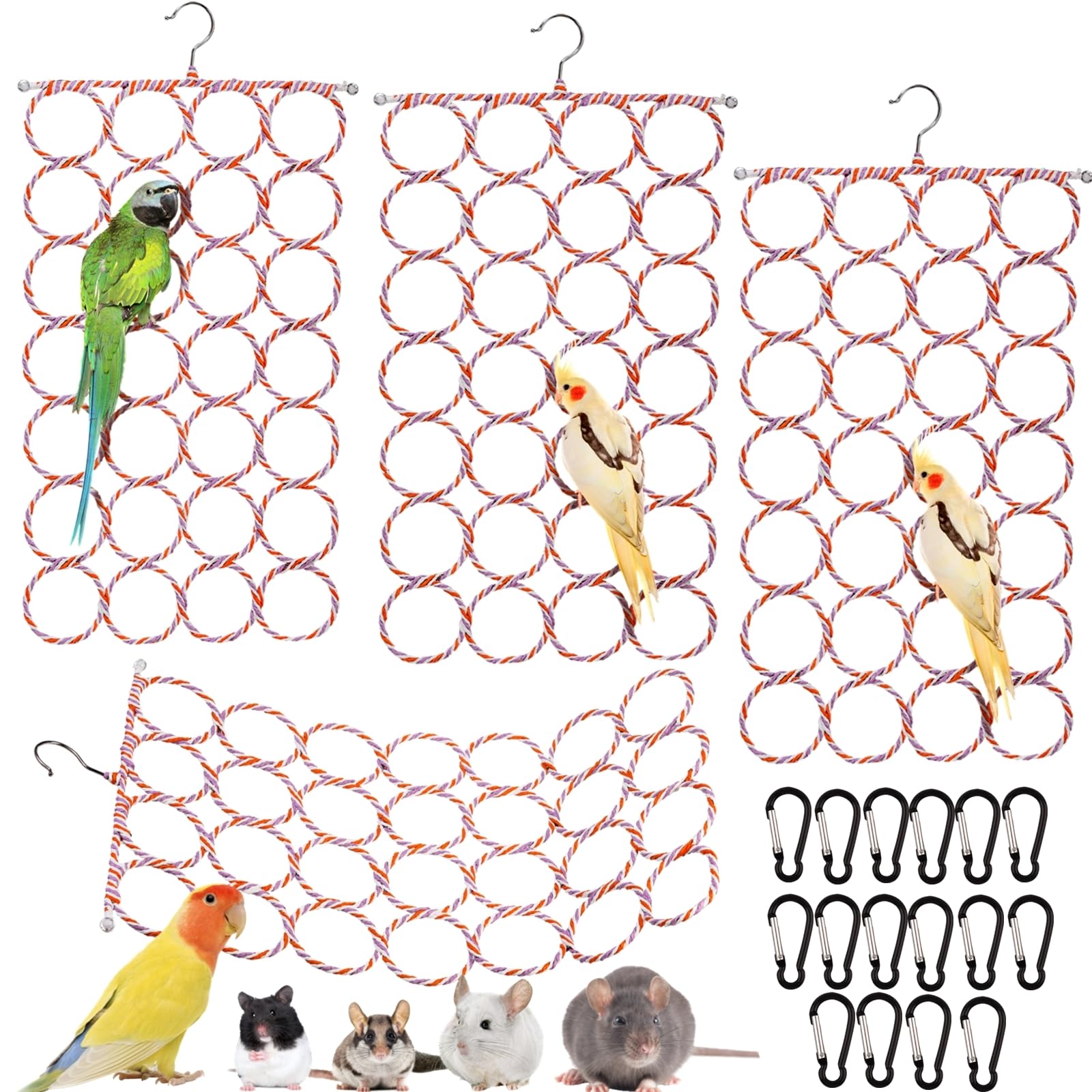 Yopay parrot bird swing four-pack shown in cage enrichment setup