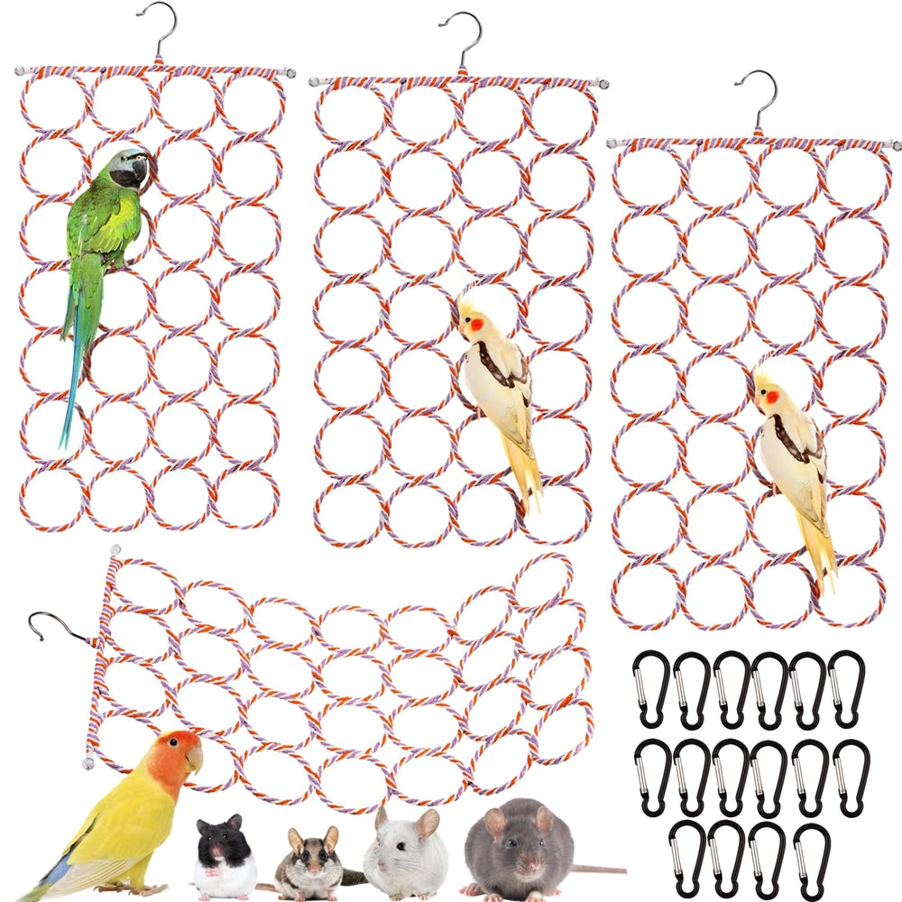 Yopay parrot bird swing four-pack shown in cage enrichment setup
