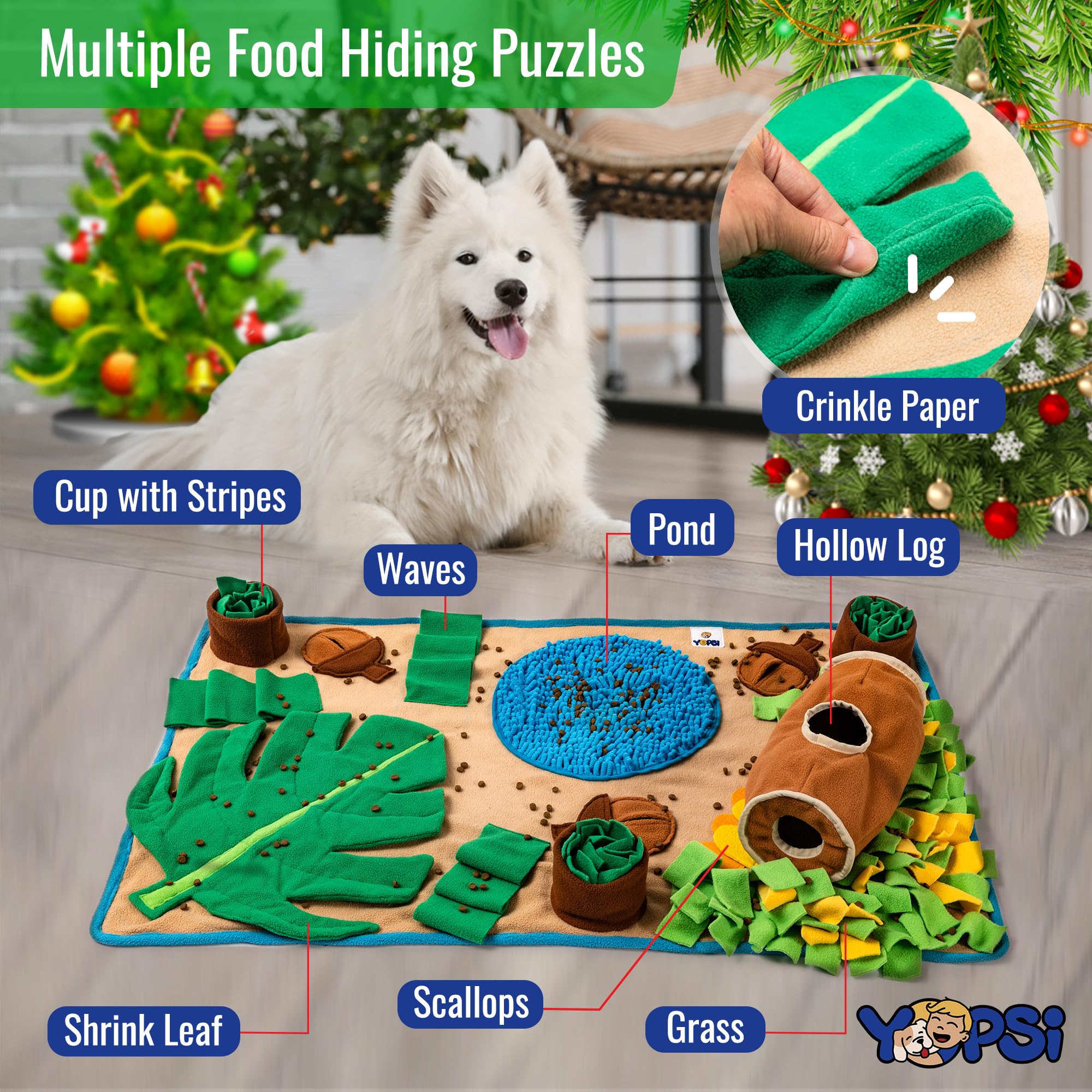 YOPSI Snuffle Mat for large dogs — close-up of varied puzzles for scent-based enrichment