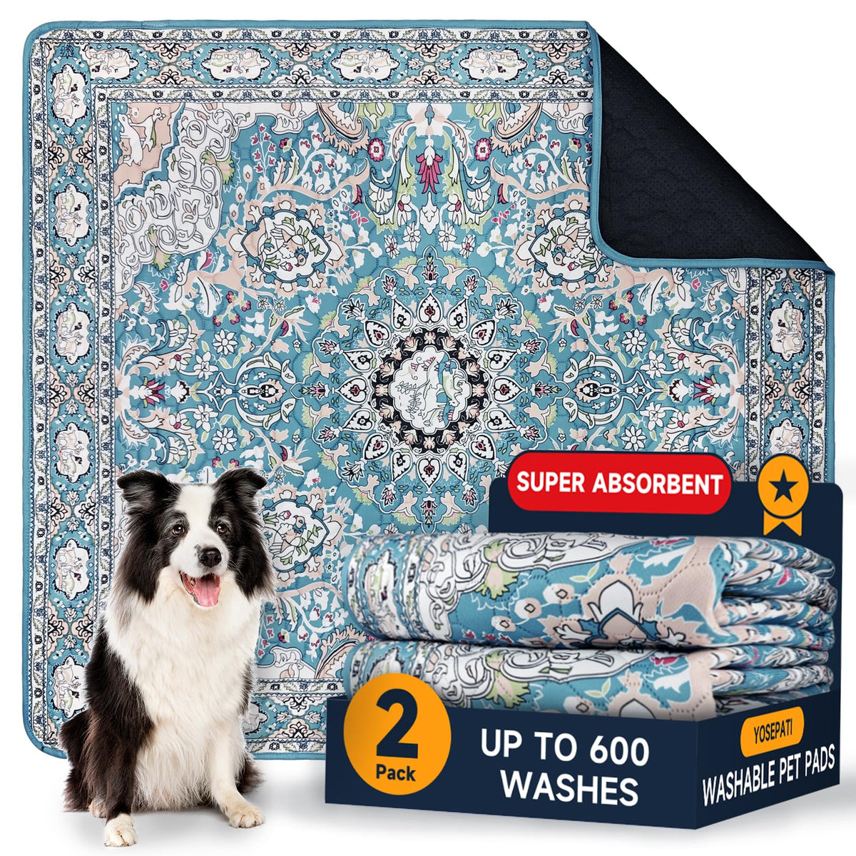 YOSEPATI washable pee pads 2-pack with rapid absorption for clean, dry floors.