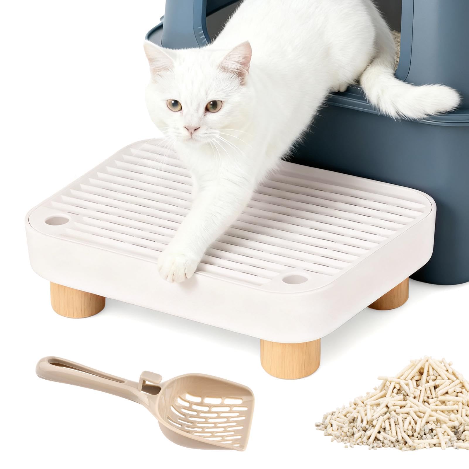YOSINXU litter box step with white wood base provides stable entry for cats.