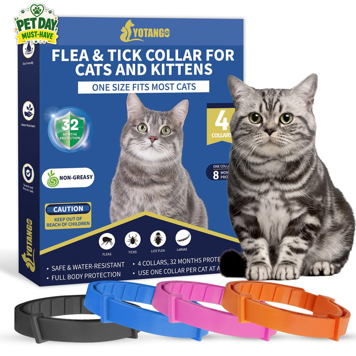 YOTANGO 4-pack flea collar packaging demonstrates a complete, long-term protection solution for cats.