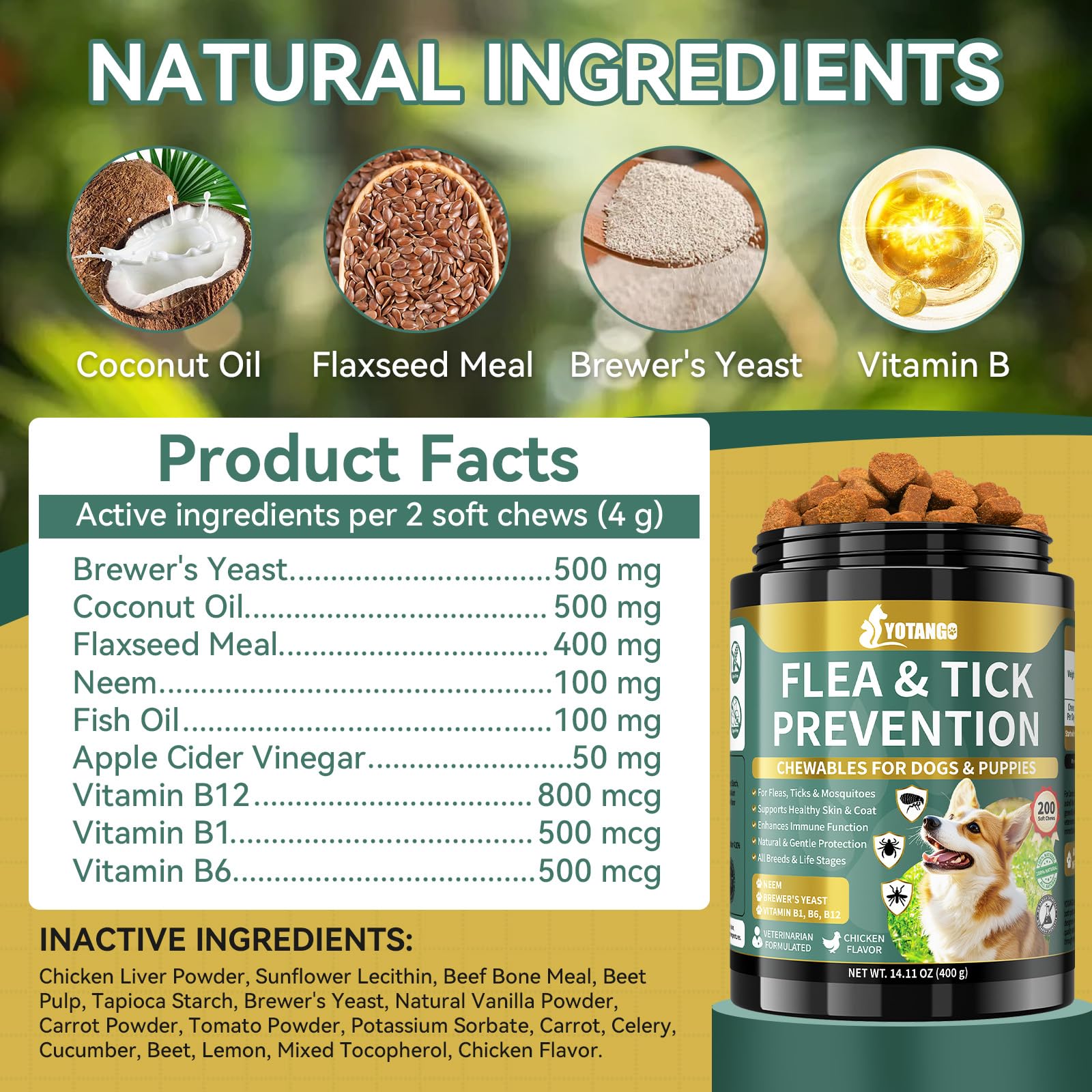 Close-up of YOTANGO bottle label with ingredients and 200 chews.