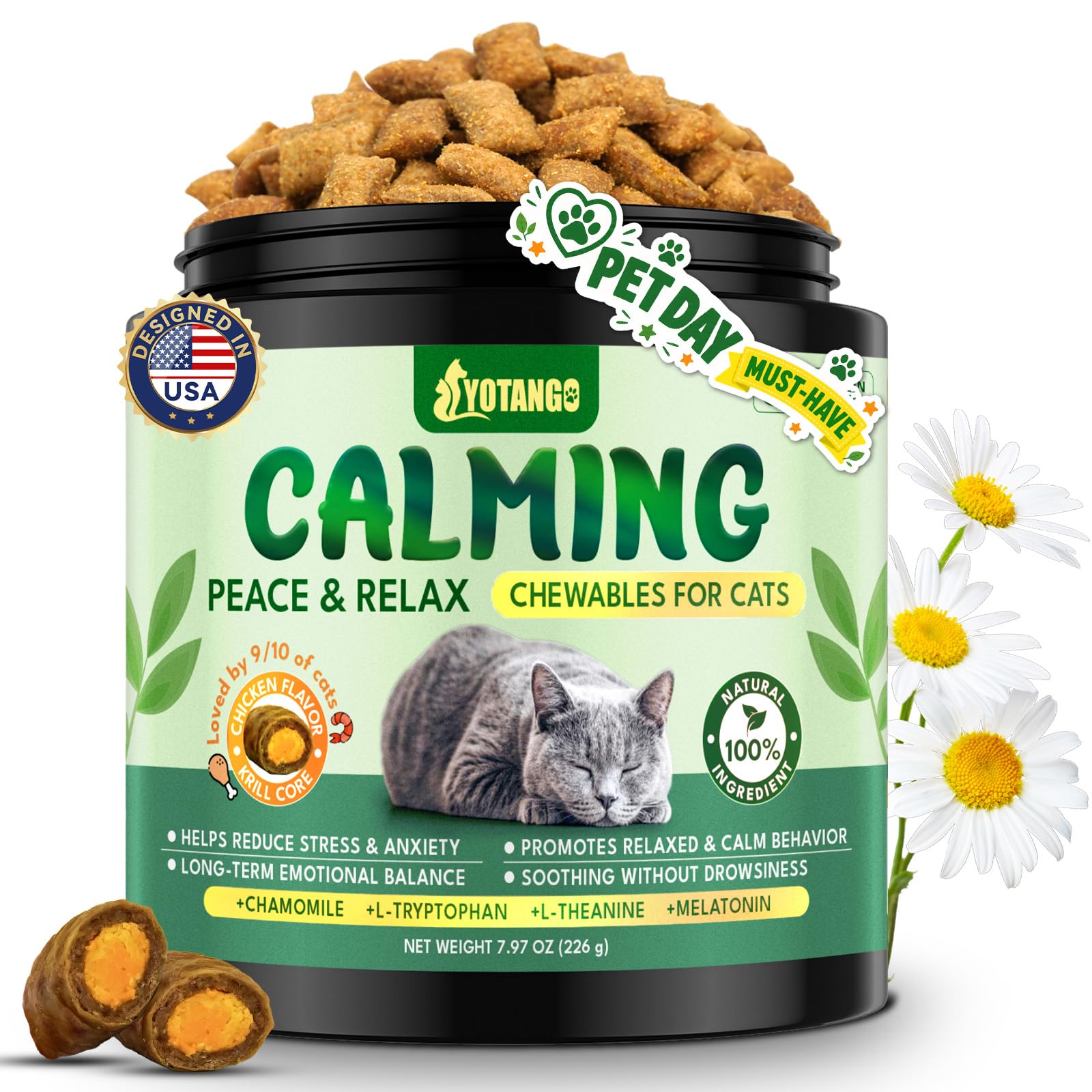 YOTANGO cat calming treats bottle label signals calming support for stressed cats