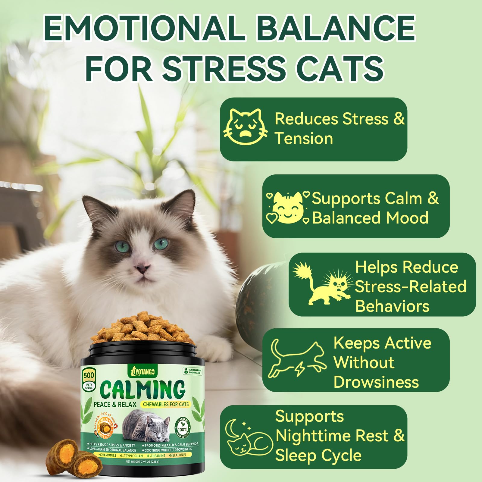 YOTANGO cat calming treats open bottle ready for quick calming during travel