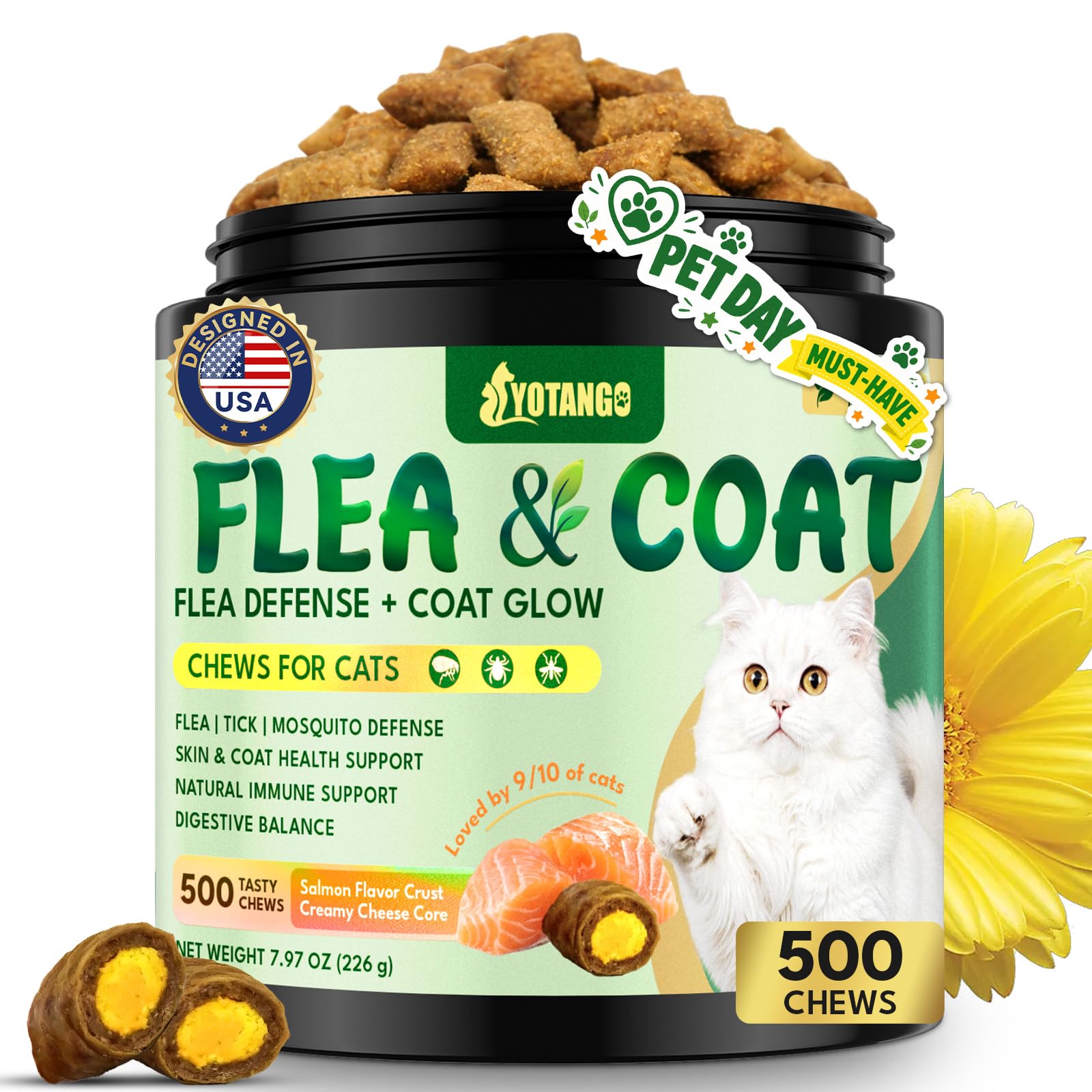 YOTANGO cat flea chews salmon flavor packaging highlights natural ingredients.