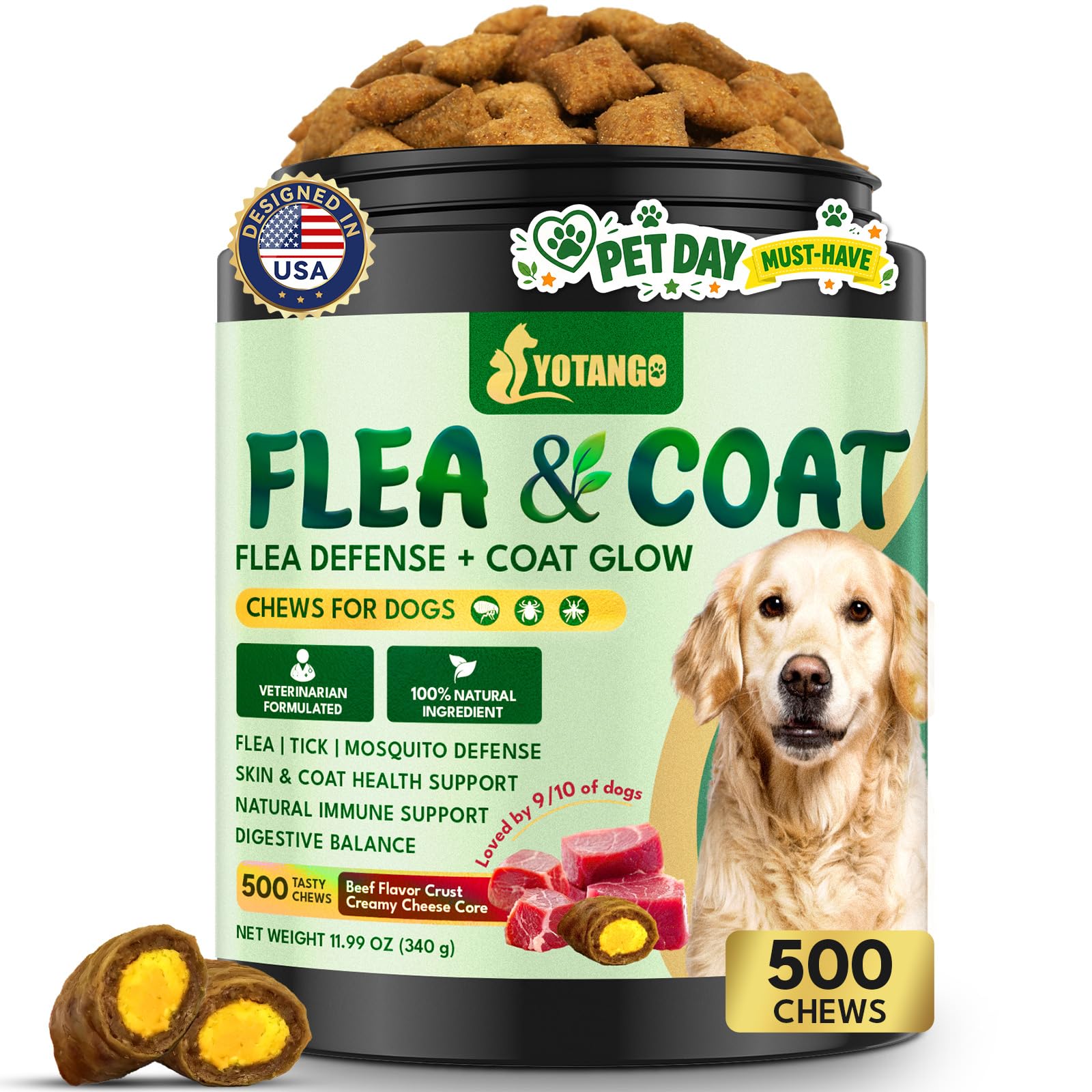 YOTANGO dog flea and tick chews packaging front shows beef flavor for daily enjoyment.