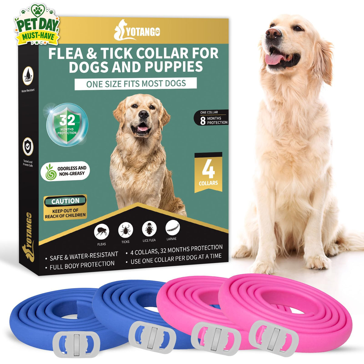 YOTANGO four-pack flea collar for dogs in blue and pink, extended protection.