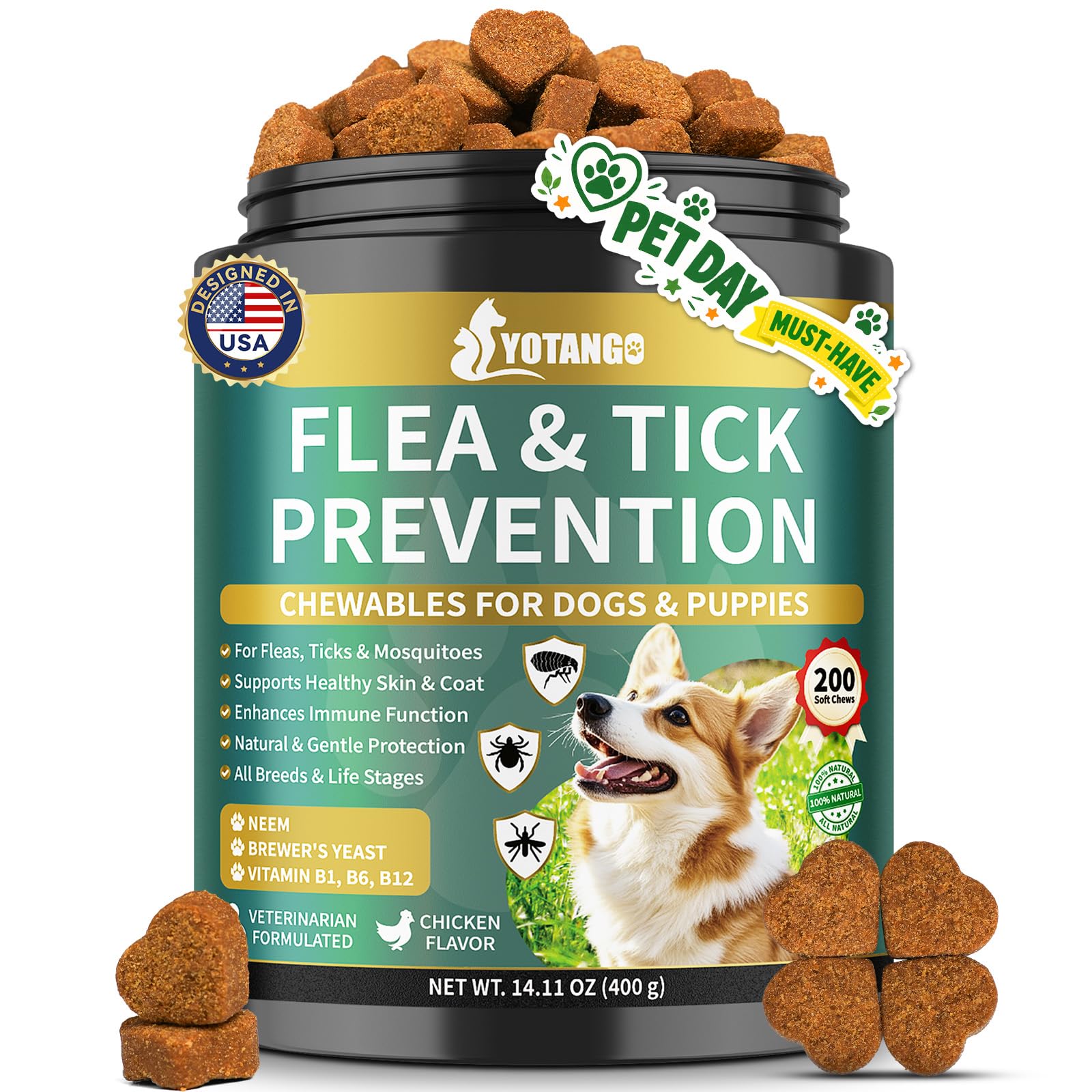 YOTANGO flea and tick chews bottle for daily natural protection.