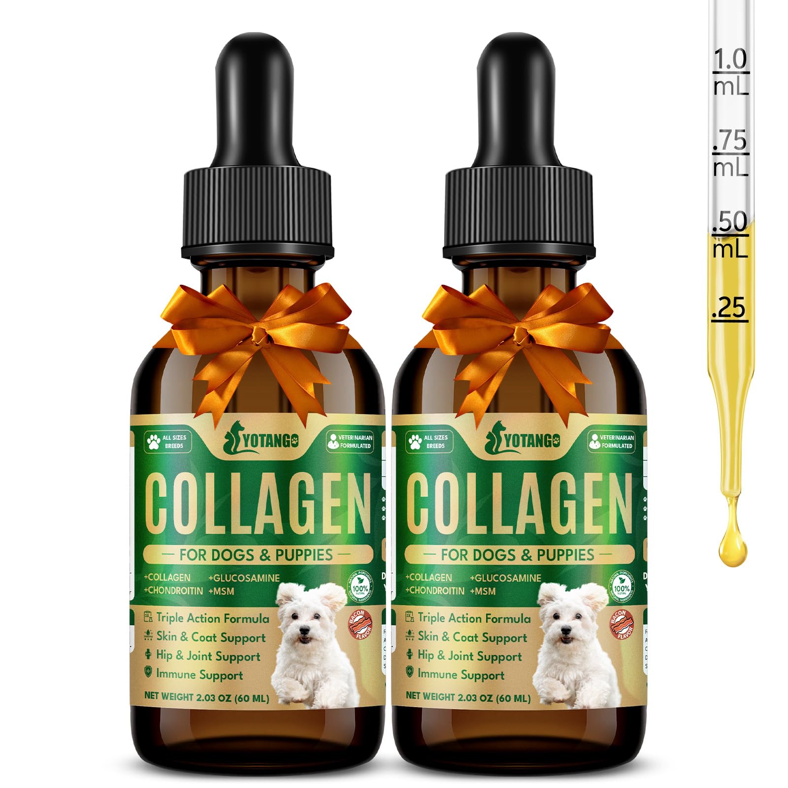 YOTANGO liquid collagen for dogs bottle with bacon flavor for easy daily feeding and joint care