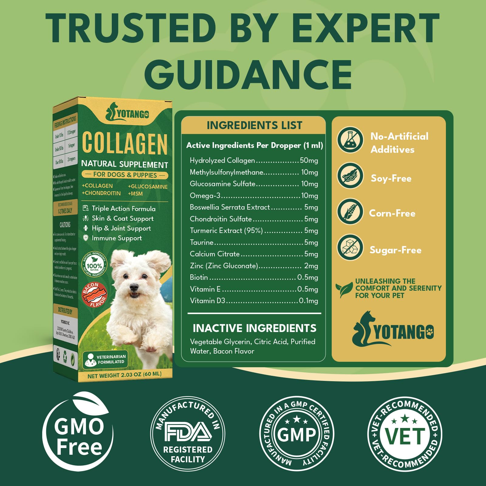 YOTANGO bacon-flavored formula suits all breeds and life stages for easy supplementation