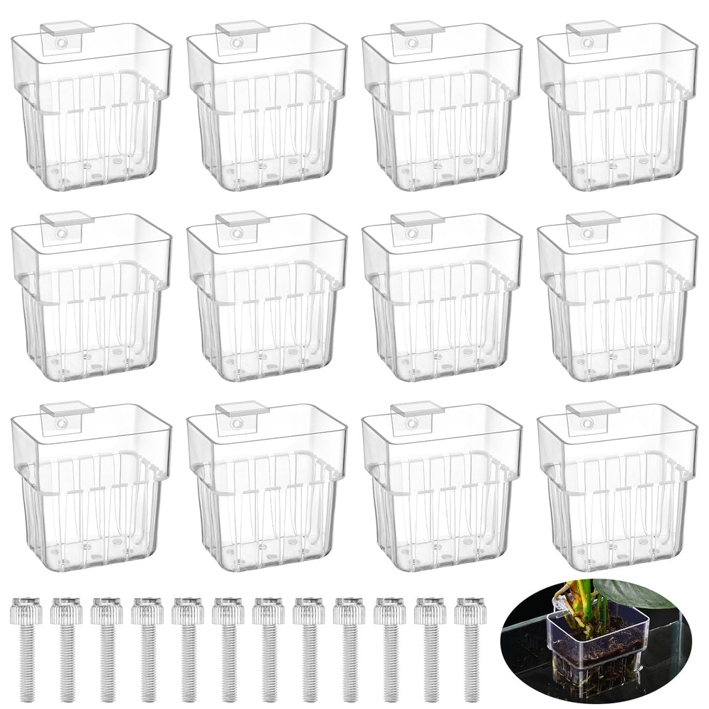Youdaju 12-pack clear aquarium plant pots hanging from tank edge for neat plant layout.