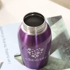 Compact purple urn from Youdear Memorials with dimensions, ideal for shelf display.