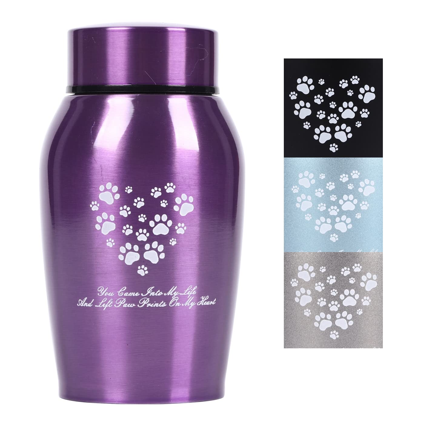 Youdear Memorials stainless steel pet urn in purple, front view, durable tribute for a beloved pet.