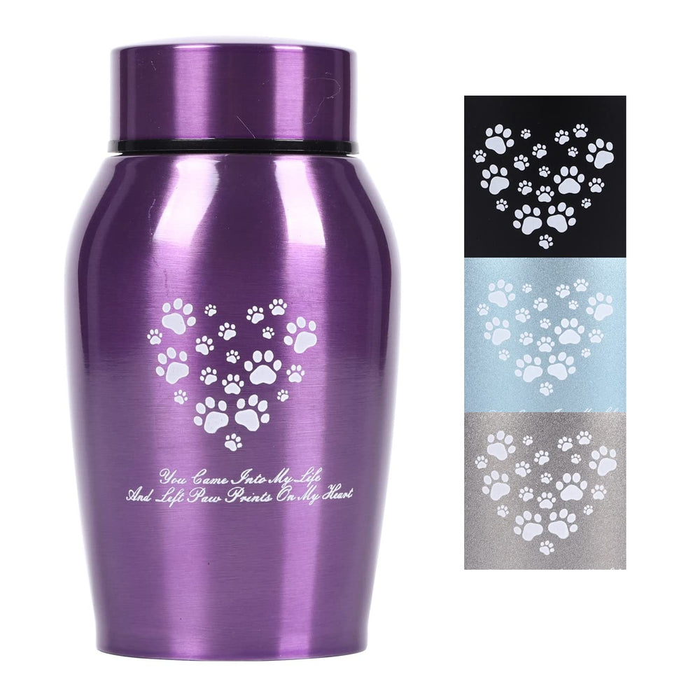 Youdear Memorials stainless steel pet urn in purple, front view, durable tribute for a beloved pet.