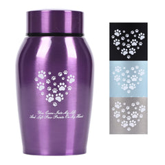 Youdear Memorials stainless steel pet urn in purple, front view, durable tribute for a beloved pet.
