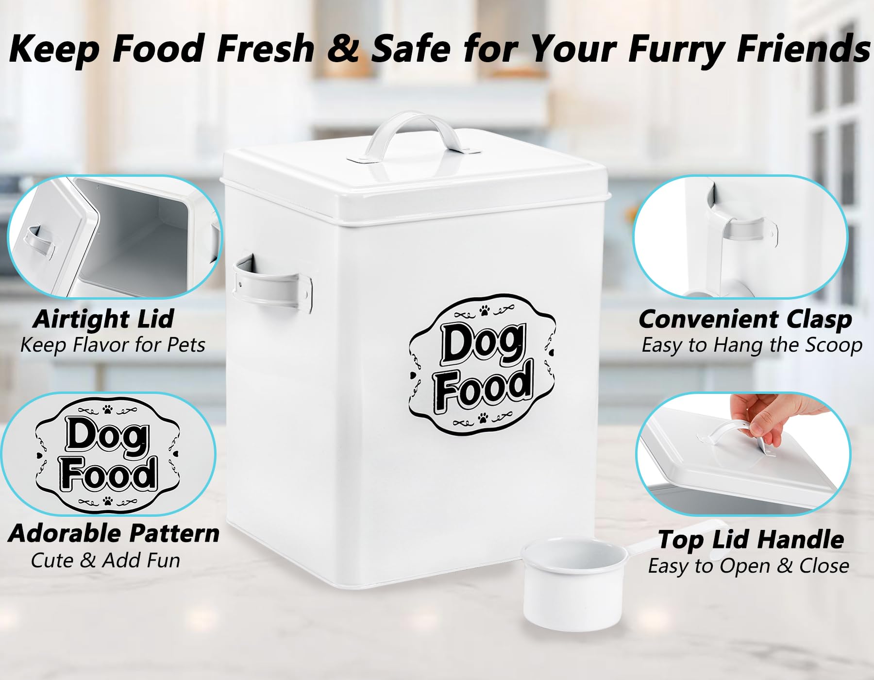 Youeon metal dog food canister durable and rust-resistant.