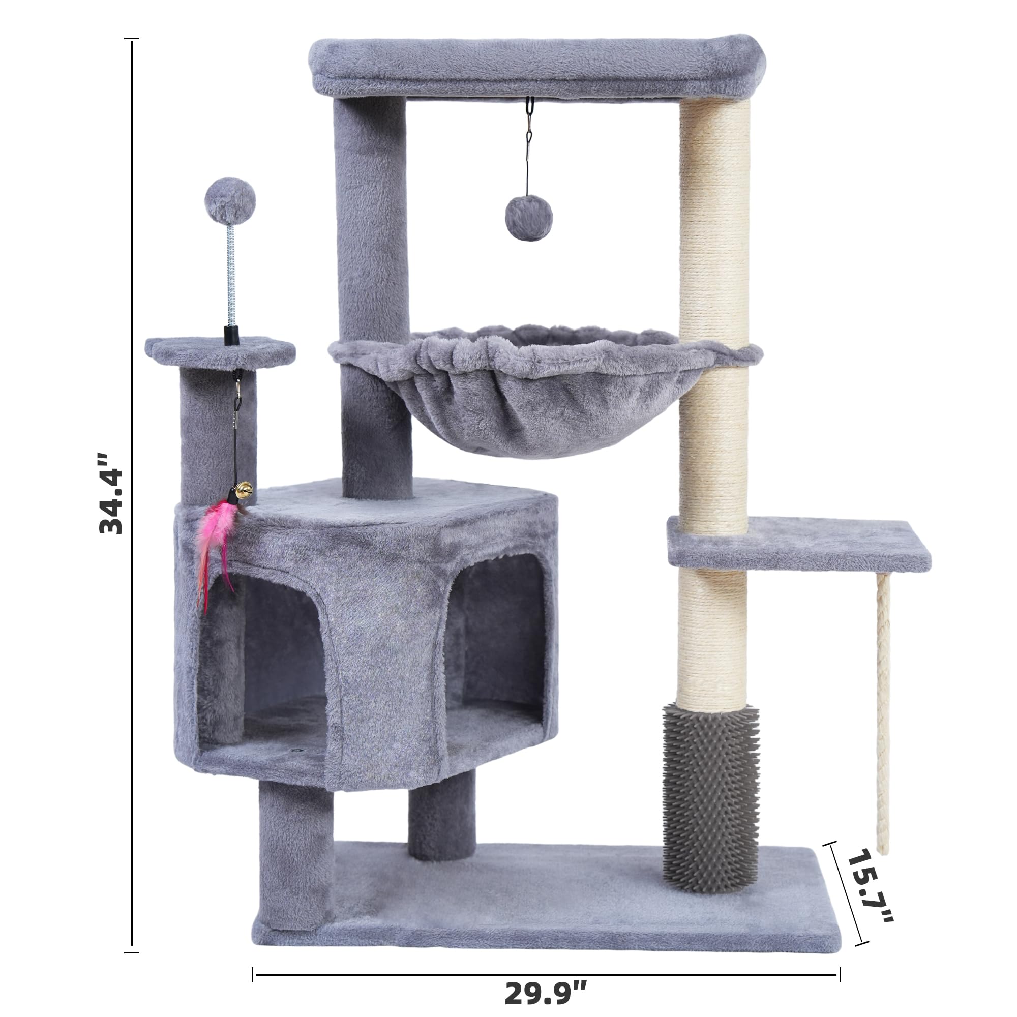 YOUPETSER cat tree self-grooming brush supports coat care while lounging.