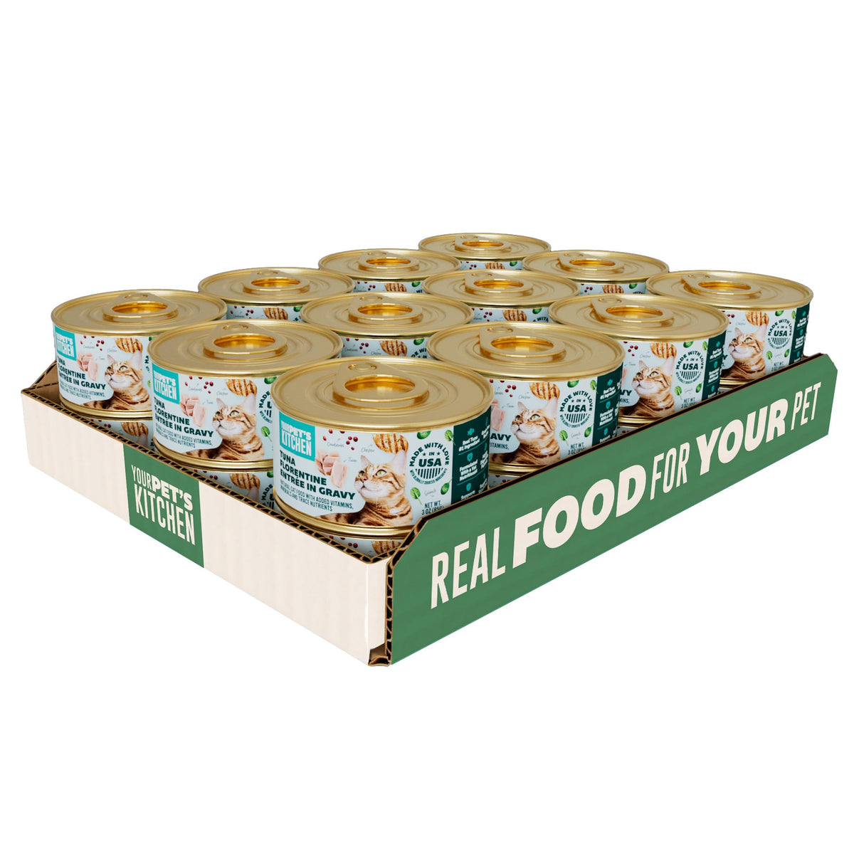Your Pet's Kitchen Tuna Florentine Entree in Gravy can entices with real tuna flavor