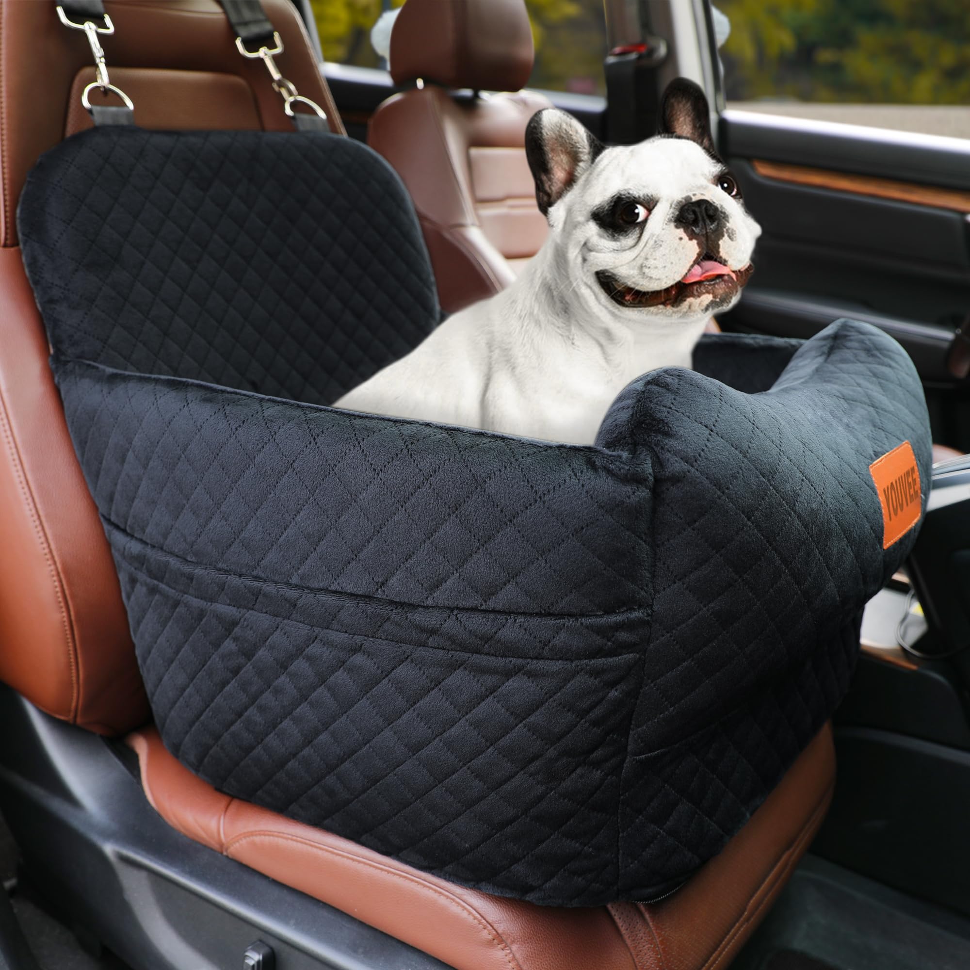 Youvee dog car seat front view shows secure fit for small to medium dogs on the road
