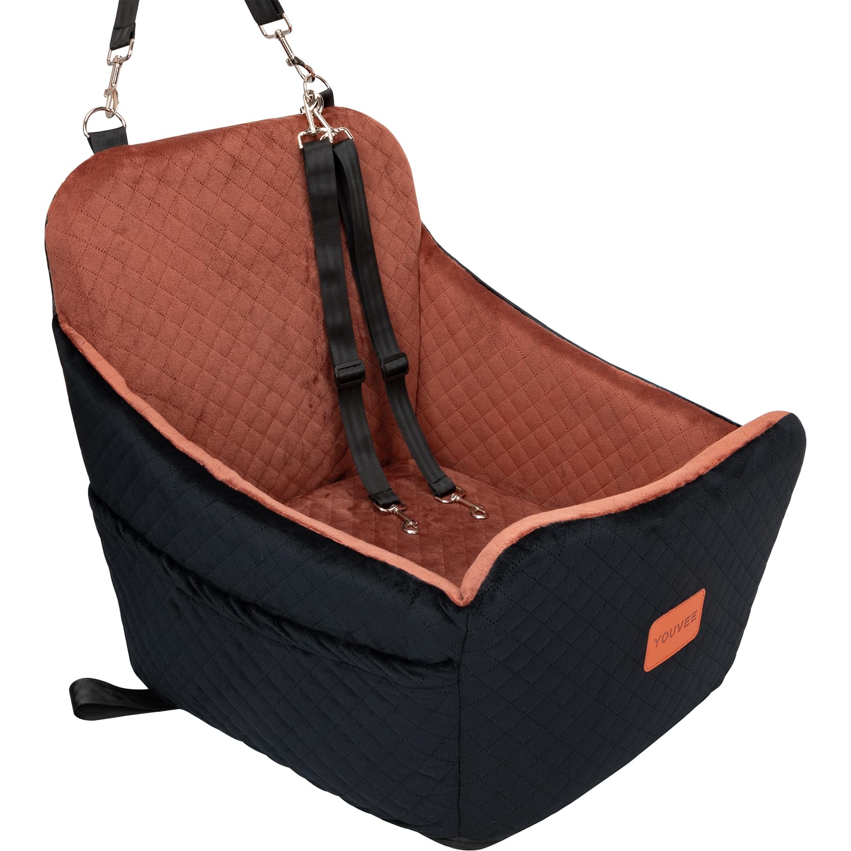 YOUVEE dog car seat front view shows secure booster design for travel