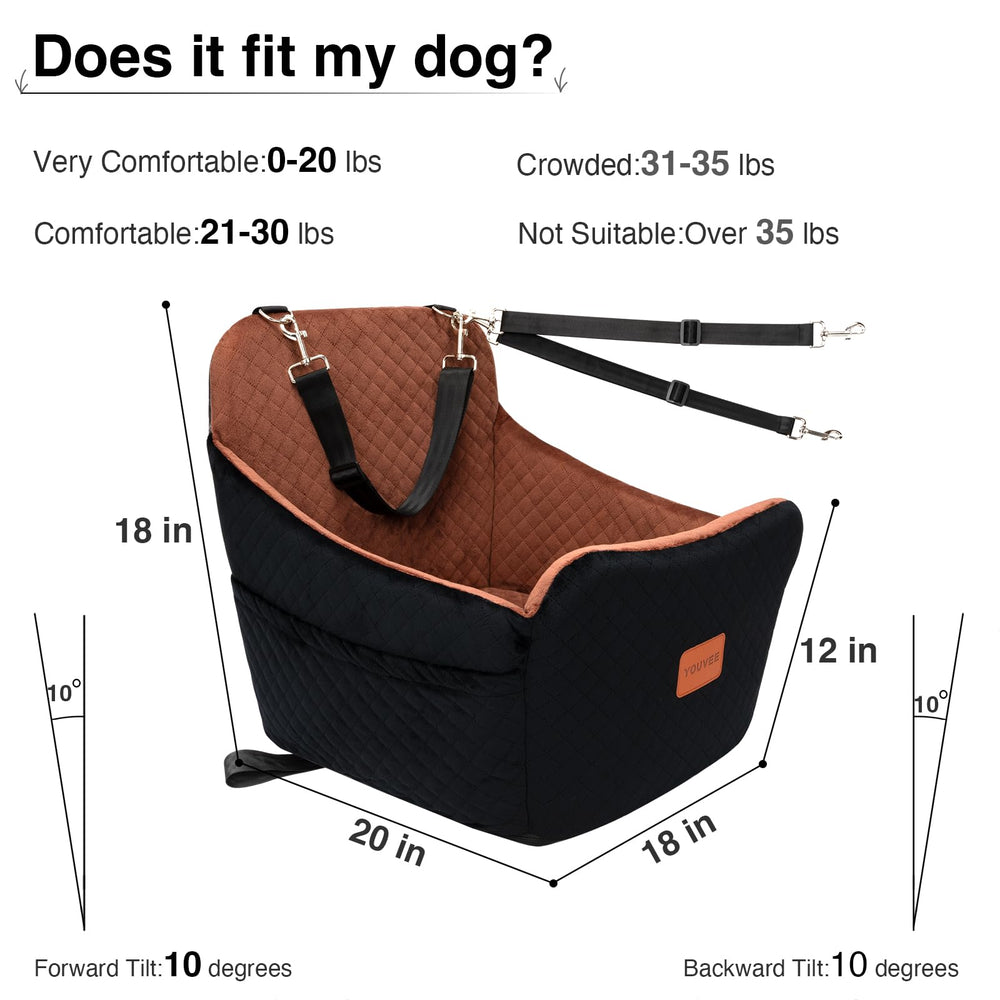 YOUVEE dog car seat side view highlights adjustable belts for a snug fit