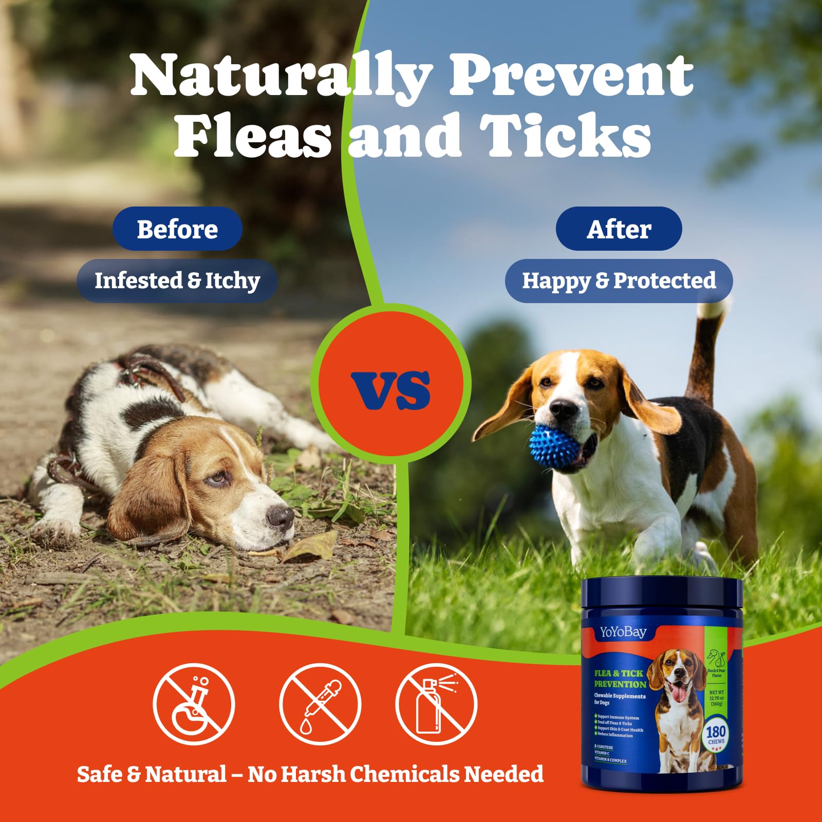YoYoBay bottle label emphasizing natural ingredients and 180-chew supply.