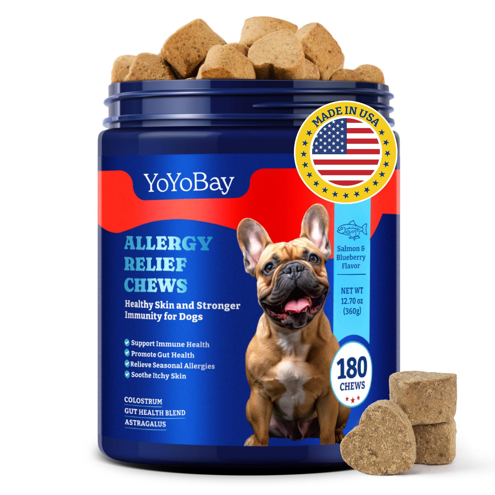 YoYoBay dog allergy relief chews bottle showing long lasting immune support.
