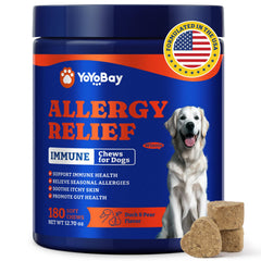 YoYoBay dog allergy relief chews bottle showing packaging supports immune health and itching relief