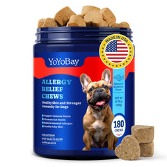 YoYoBay dog allergy relief chews bottle showing long lasting immune support.