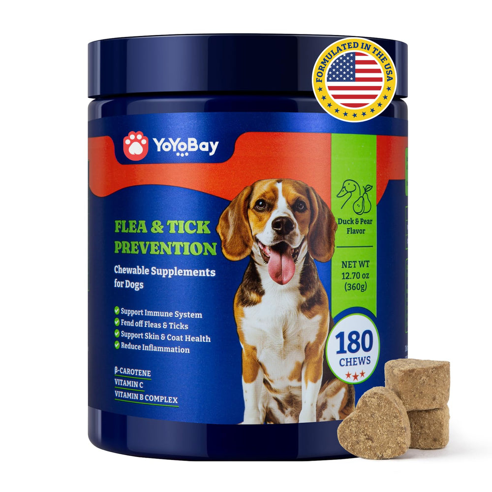 YoYoBay duck-pear flavor chews in bottle: natural flea and tick prevention for dogs.