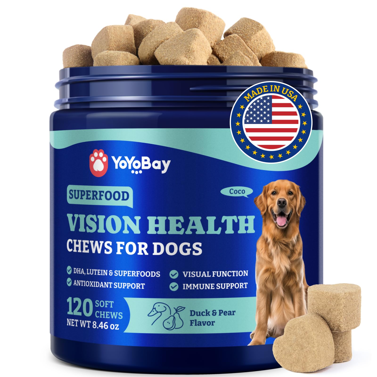 YoYoBay eye supplement bottle with 120 chews, designed for dogs' eye health.