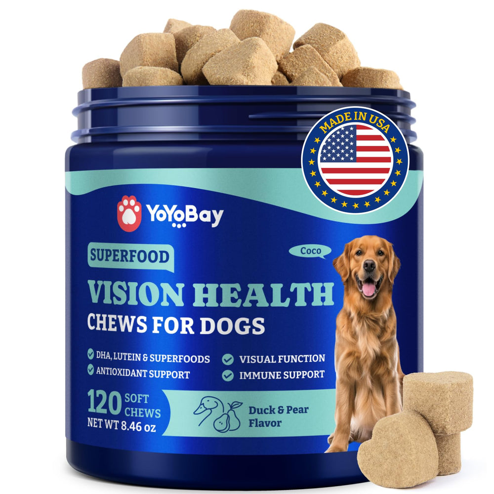 YoYoBay eye supplement bottle with 120 chews, designed for dogs' eye health.