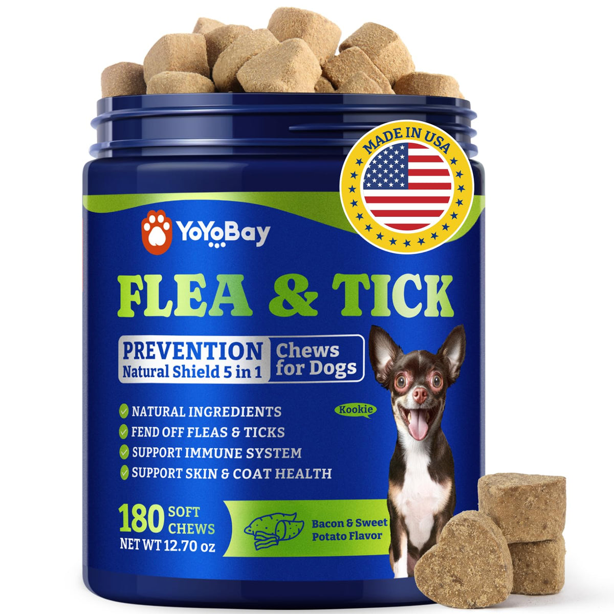 YoYoBay natural shield 5-in-1 chews for dogs, bacon-and-sweet-potato flavor, supports immune health