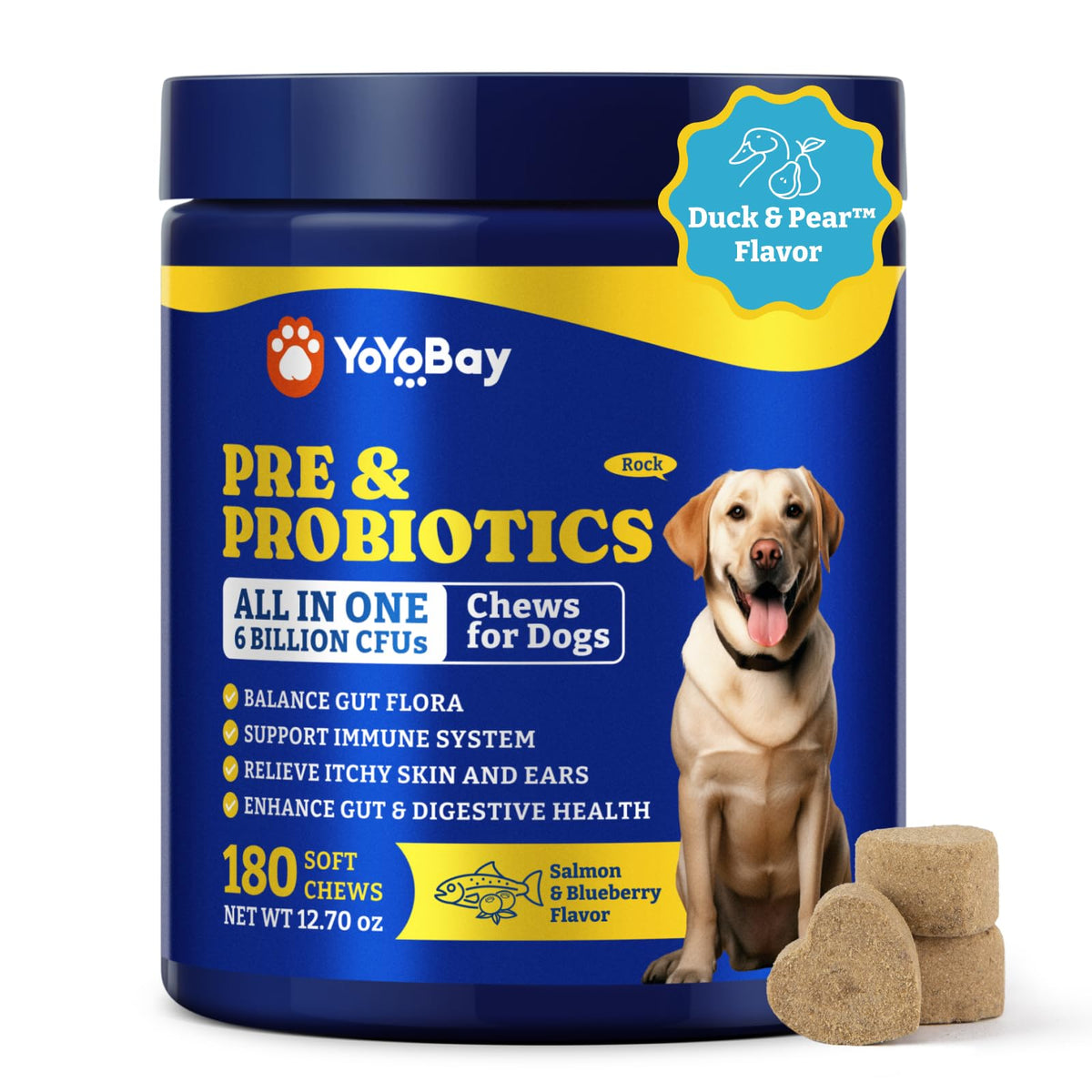 YoYoBay Probiotics for Dogs bottle closeup highlighting quality ingredients for digestive support.