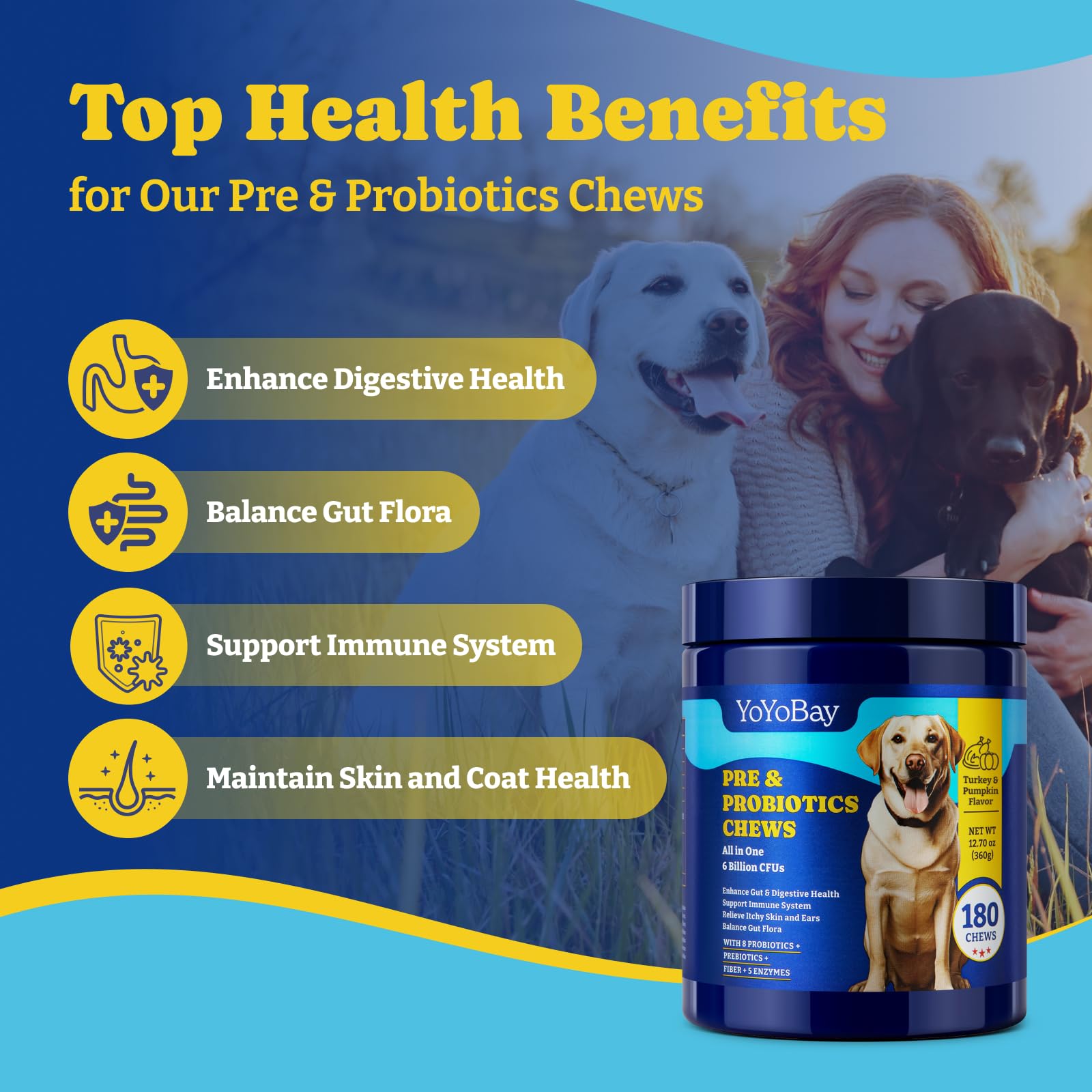 YoYoBay Probiotics for Dogs immune support highlighting balanced gut health